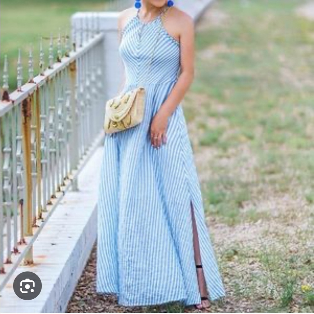 Merona blue and white striped keyhole halter maxi dress size small